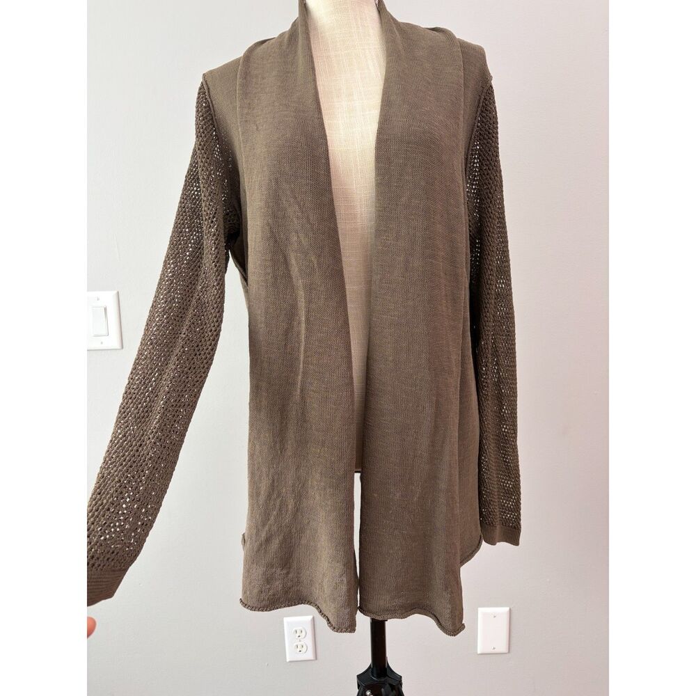 Lafayette 148 Womens Linen Blend Mesh Sleeve Open Front Cardigan Sweater Olive